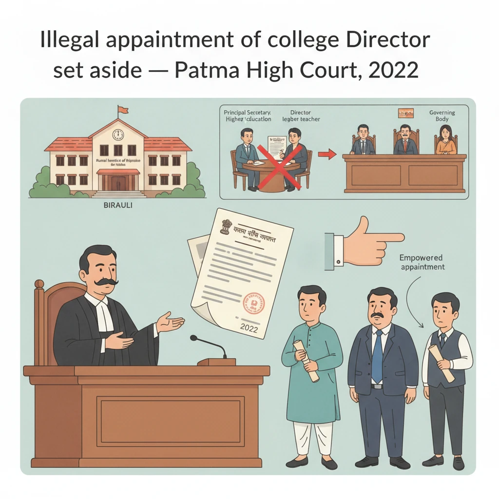 Courtroom illustration showing Patna High Court reviewing an illegal director appointment in an autonomous institute.