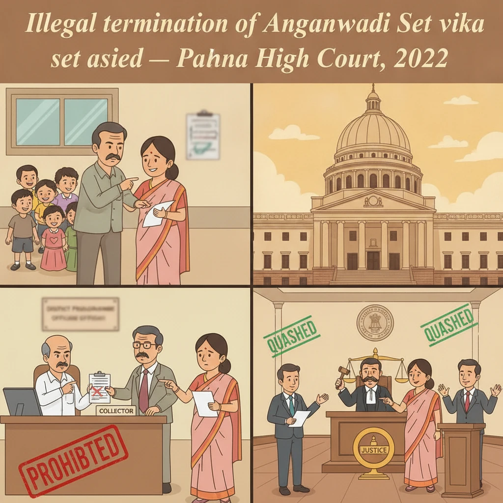 Courtroom illustration representing Patna High Court reviewing termination of an Anganwadi worker.