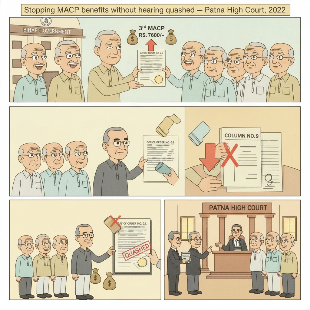 Illustration of Patna High Court reviewing withdrawal of MACP benefits for government employees.