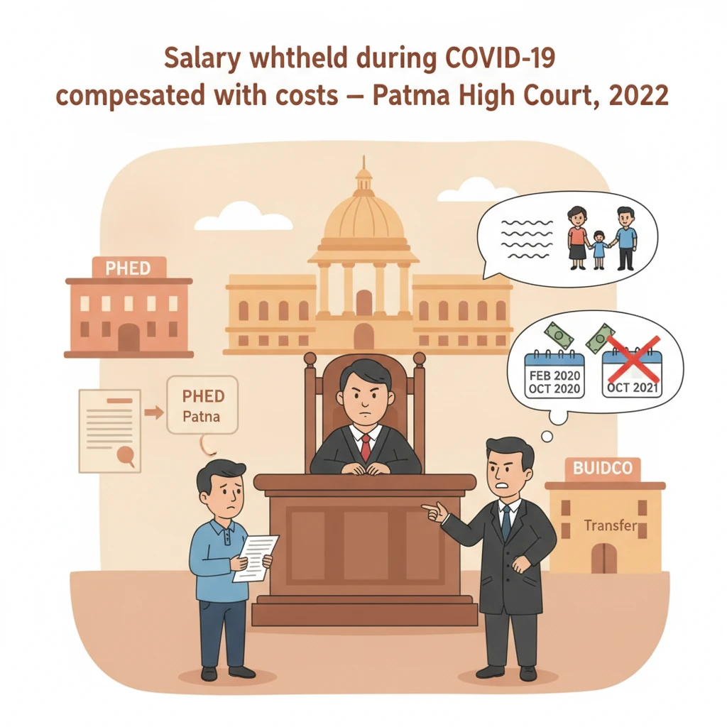 Courtroom illustration showing a worker challenging delayed government salary.