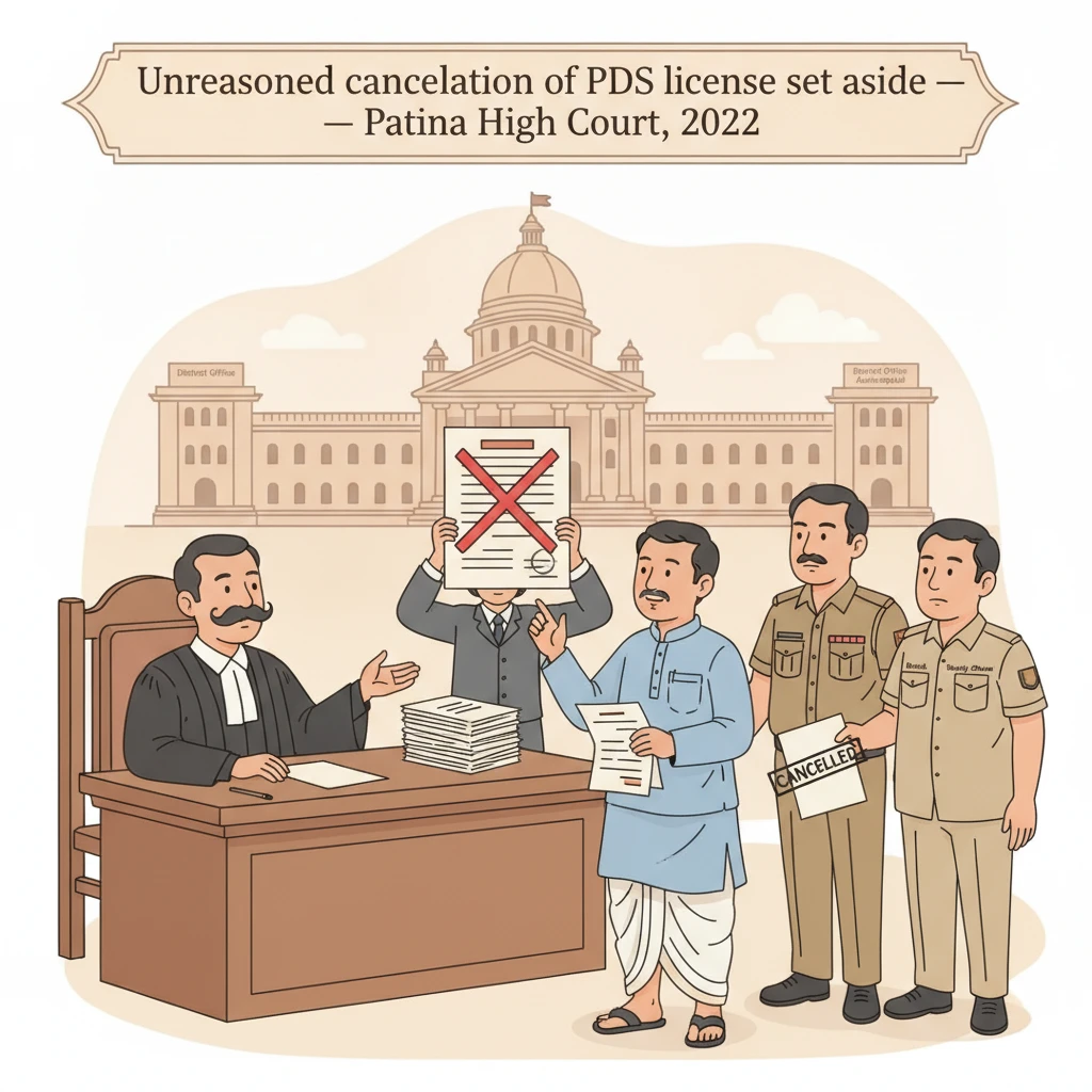 Illustration of Patna High Court reviewing cancellation of a PDS shop licence.