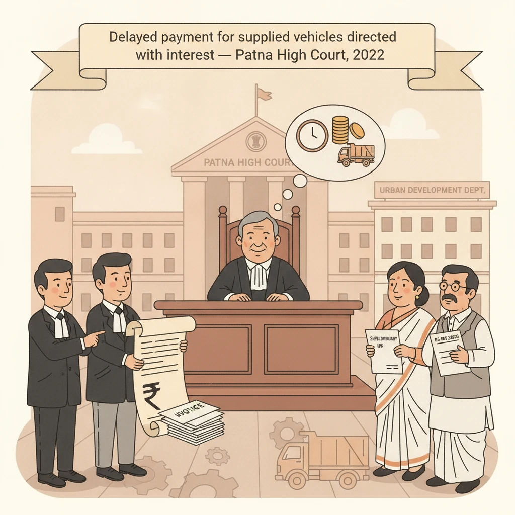 Courtroom scene of Patna High Court hearing a dispute over delayed payment for municipal vehicles.