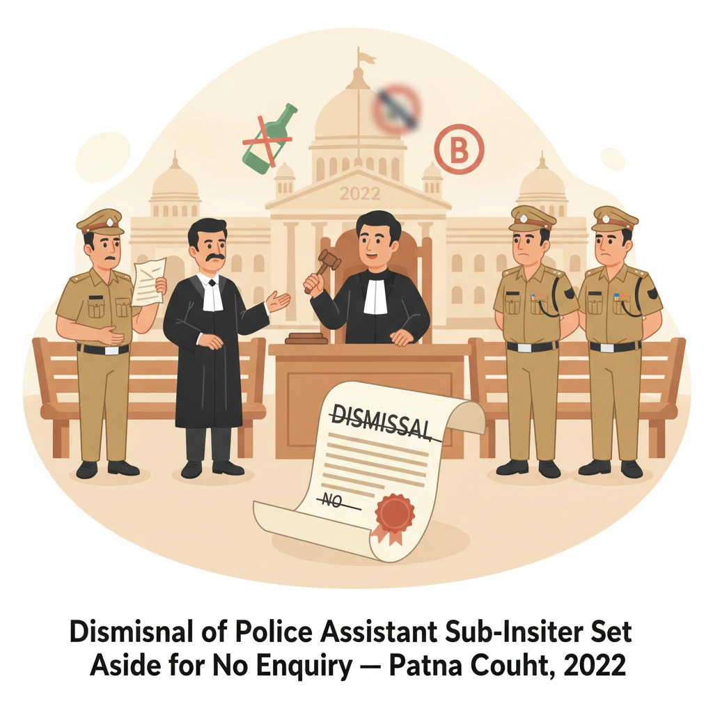 Courtroom illustration showing judicial review of a police officer’s dismissal by the Patna High Court.