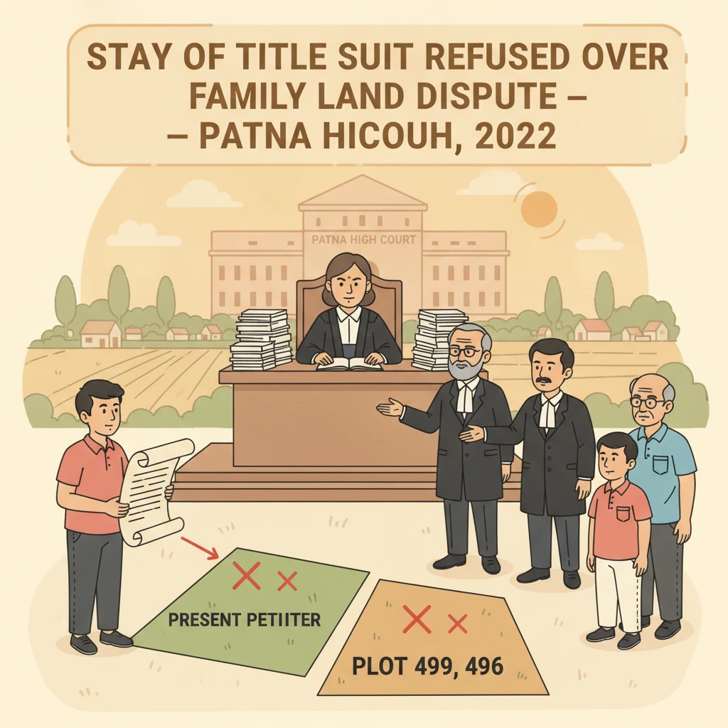 Civil courtroom scene illustrating a Patna High Court decision on staying a title suit.