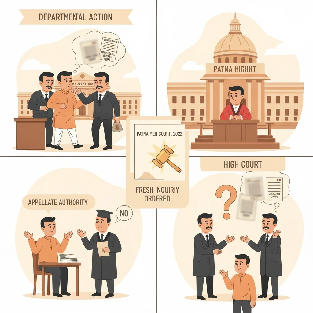 Illustration of Patna High Court reviewing a government employee’s dismissal in a disciplinary case.