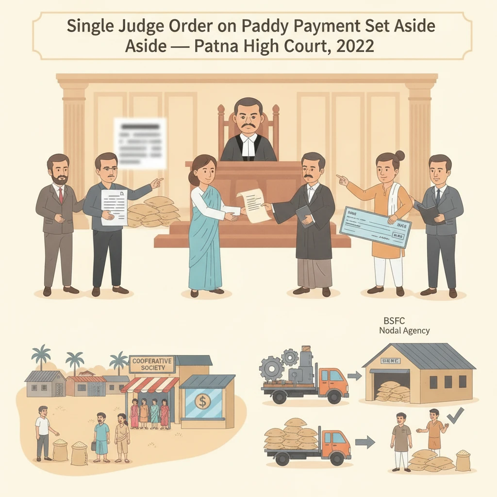 Illustration of judges reviewing paddy procurement payment dispute at Patna High Court.