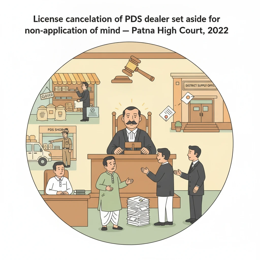 Courtroom illustration showing judicial review of a PDS licence cancellation in Bihar.