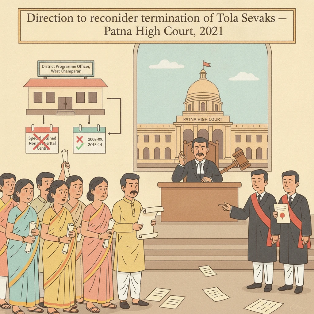 A courtroom scene representing the Patna High Court hearing on Mahadalit education volunteers.
