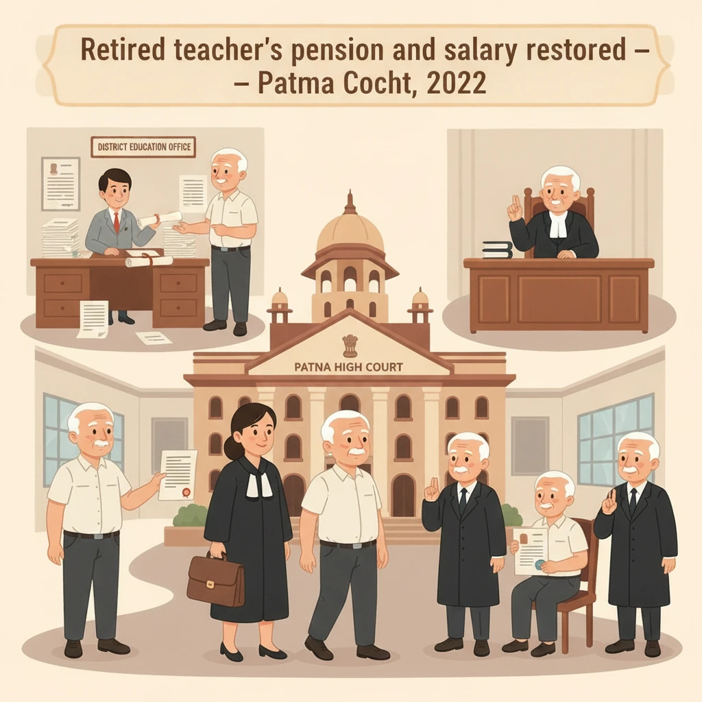 Illustration of Patna High Court hearing on a retired teacher’s pension and salary dues.