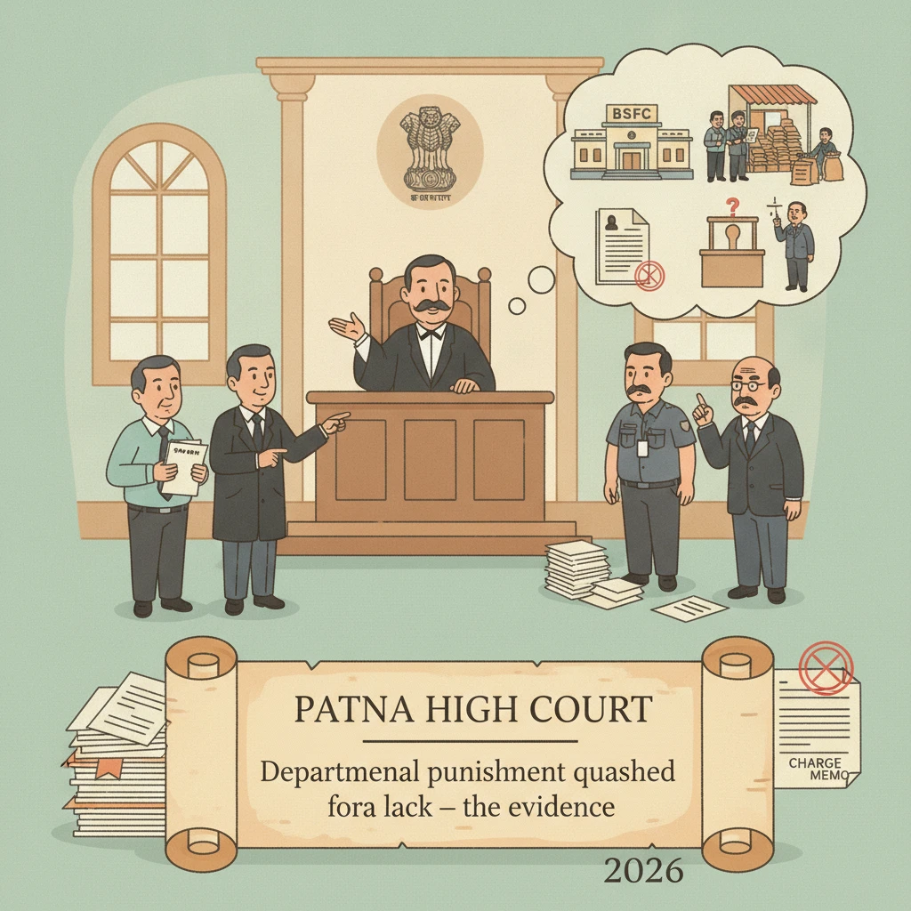 Courtroom illustration showing Patna High Court reviewing a flawed departmental enquiry.