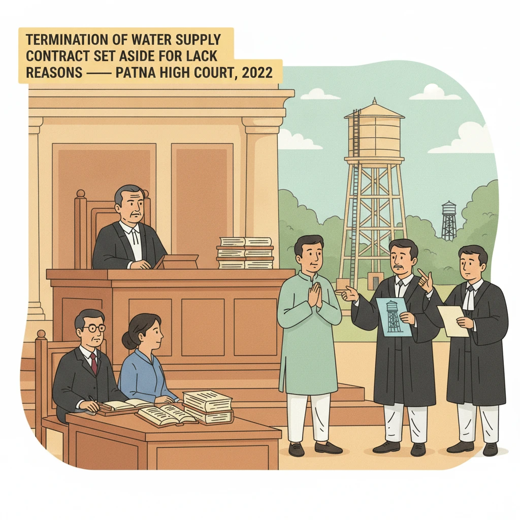Courtroom illustration showing judges reviewing a government water supply contract dispute.