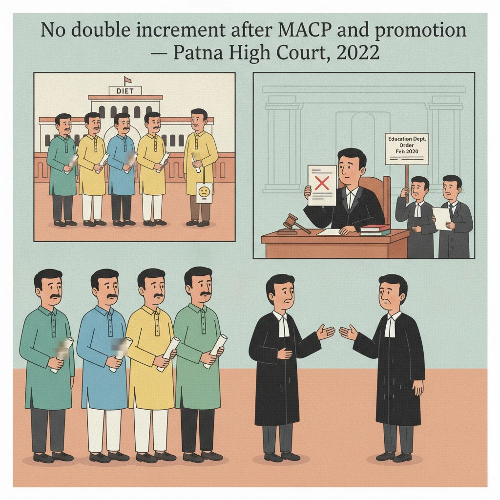 Courtroom illustration showing judges considering MACP increment dispute for Bihar lecturers.