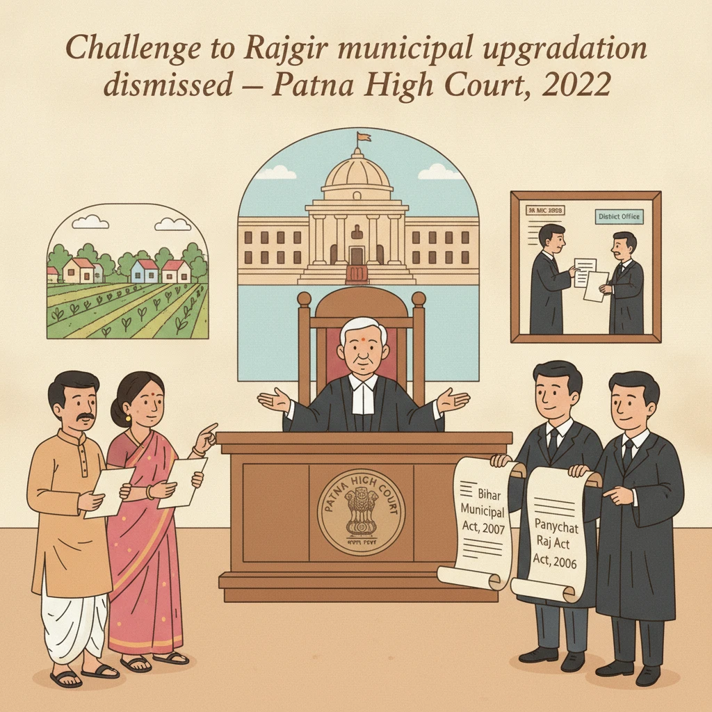 Illustration of Patna High Court reviewing Bihar government decision on Rajgir municipal upgradation