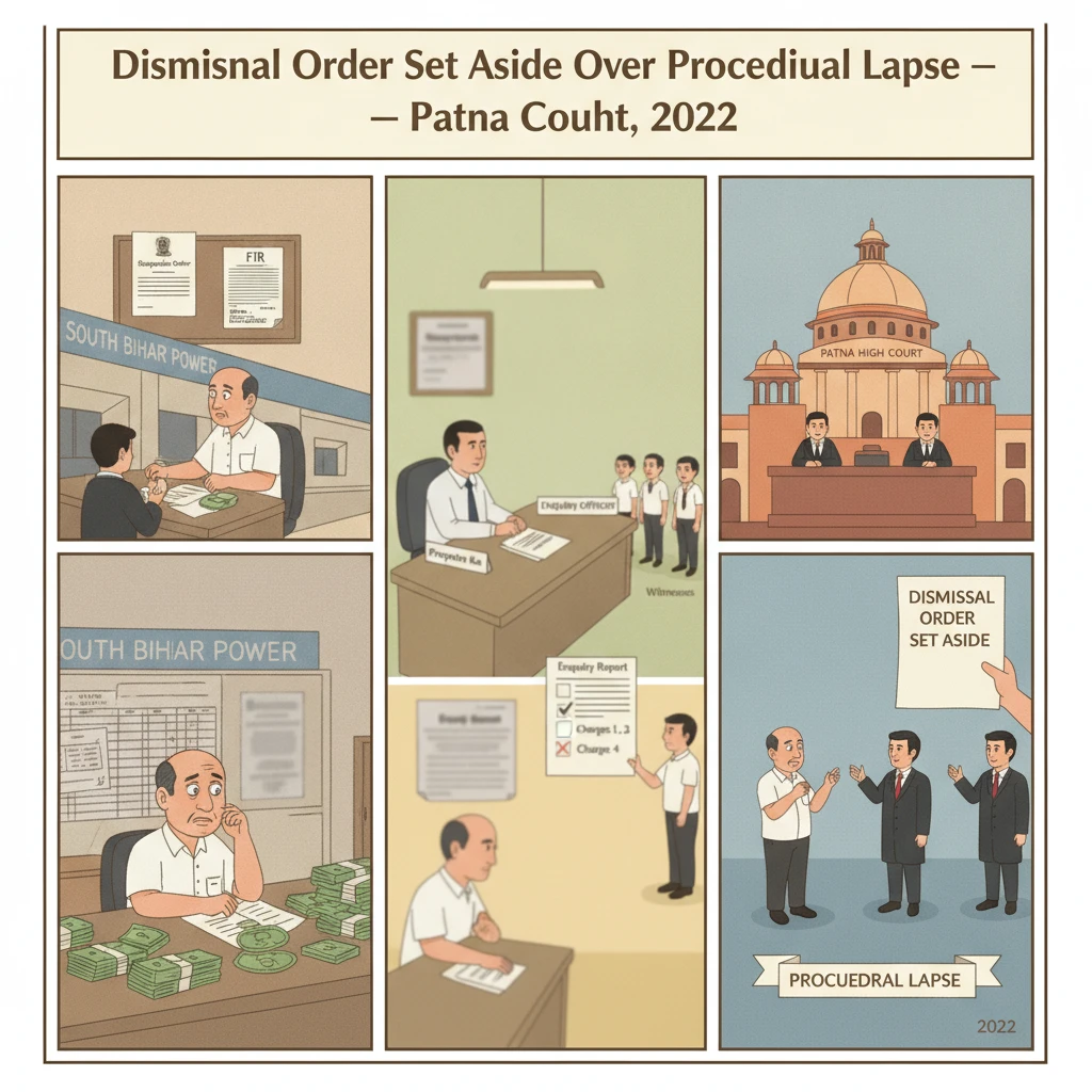 Courtroom scene illustrating Patna High Court review of a power company employee’s dismissal.