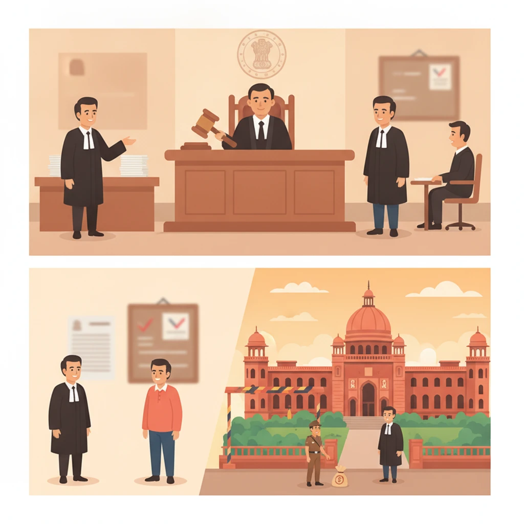 Courtroom illustration showing judges reviewing an NDPS search and seizure case.
