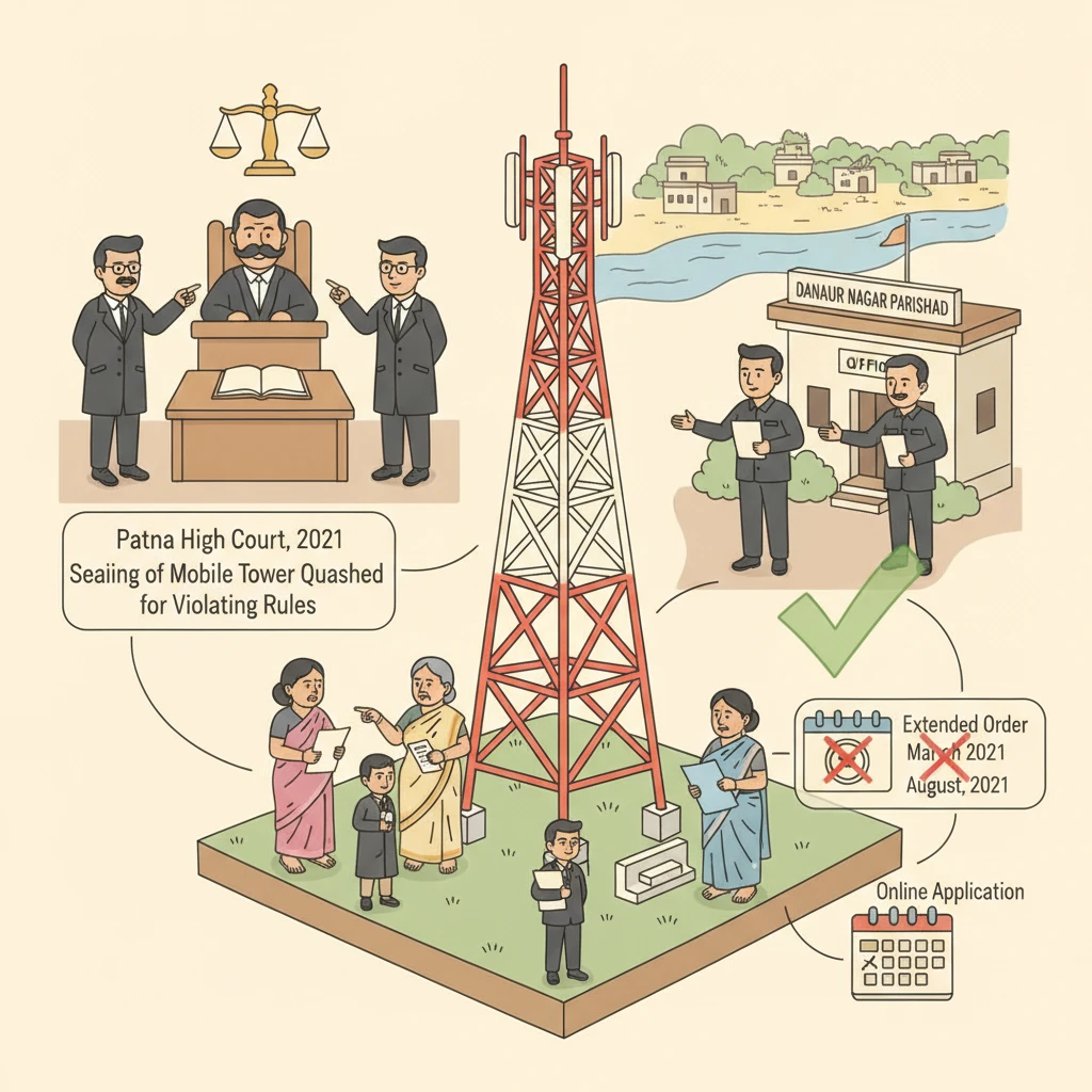 Illustration of Patna High Court reviewing the sealing of a telecom tower by a municipal body.