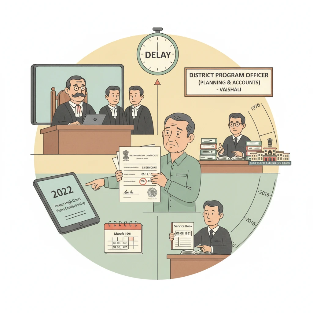 Courtroom illustration showing a judge deciding a dispute on correction of date of birth of a government employee.
