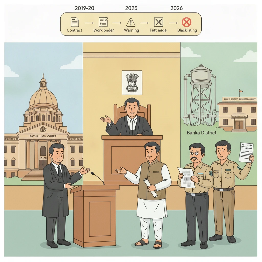 Courtroom illustration showing challenge to indefinite blacklisting of a government contractor.