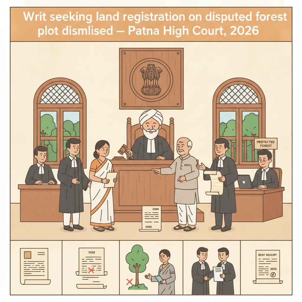 Courtroom scene illustrating Patna High Court hearing on disputed forest land registration.