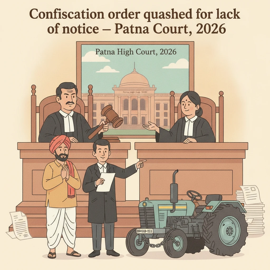 Illustration of Patna High Court reviewing confiscation of a seized tractor under Bihar prohibition law.