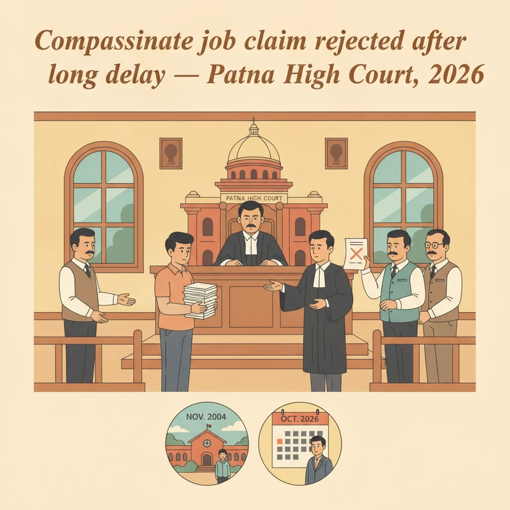 Courtroom scene depicting Patna High Court hearing on compassionate appointment delay.