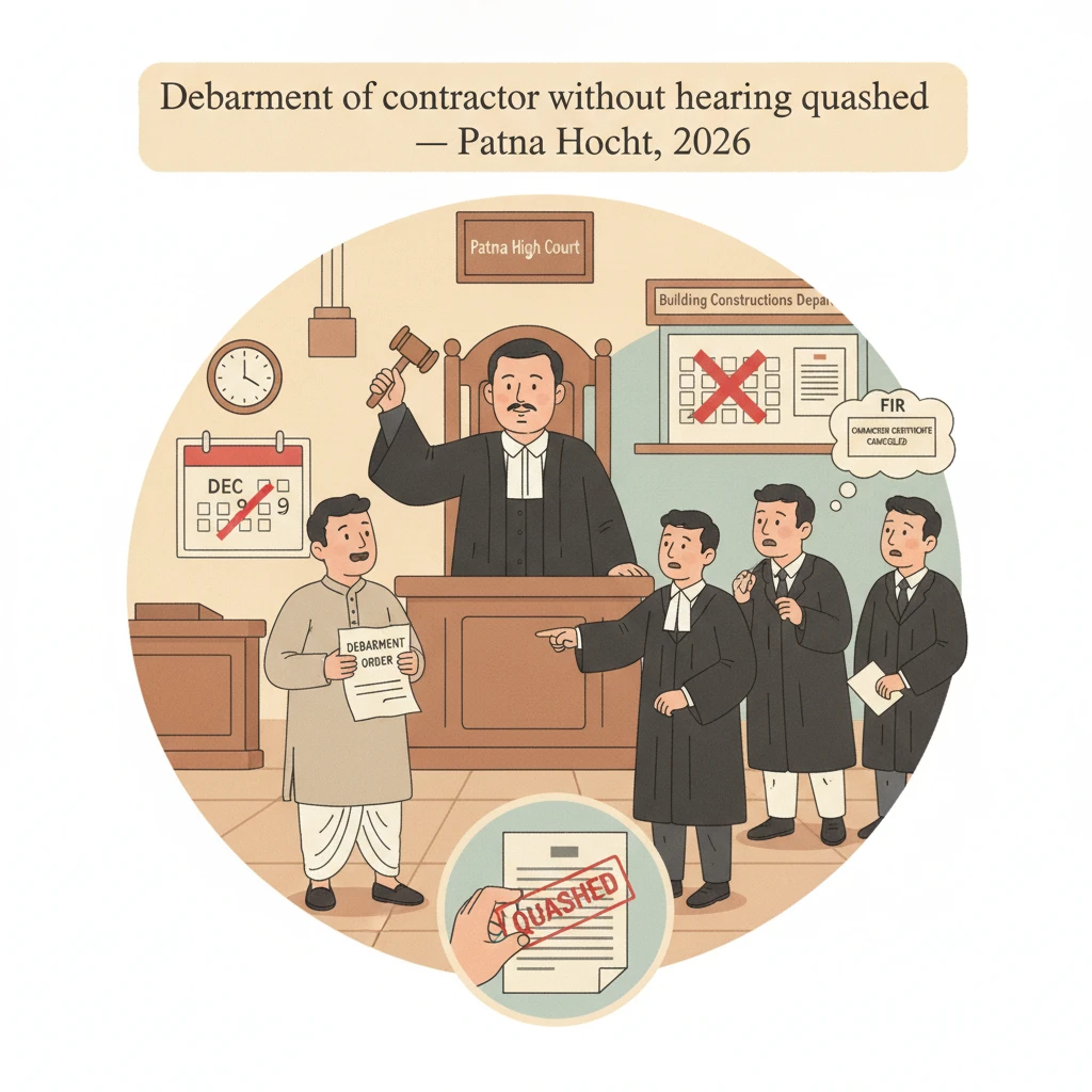 Courtroom illustration showing judges reviewing a contractor’s debarment order.