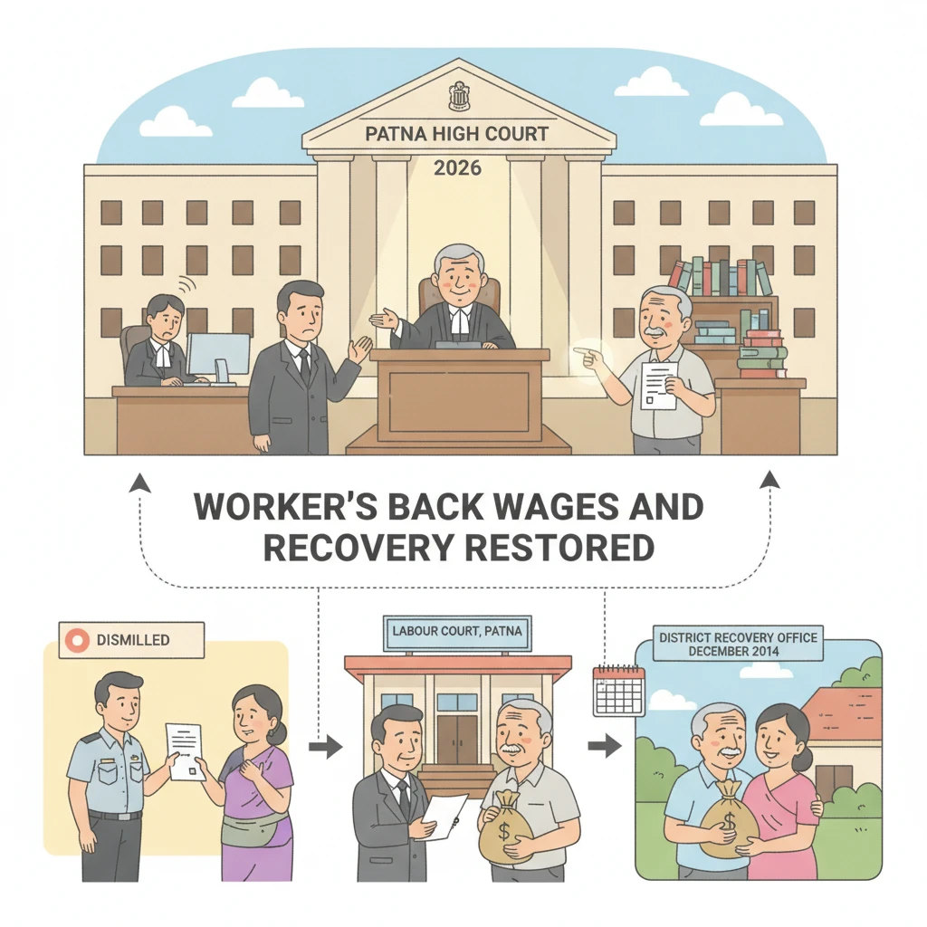 Illustration of Patna High Court overseeing a labour dispute on back wages.