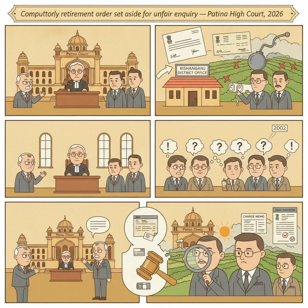 Illustration of Patna High Court reviewing a faulty departmental enquiry against a Bihar government officer.