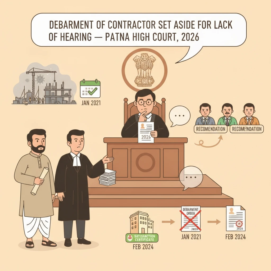 Courtroom scene representing Patna High Court reviewing a contractor debarment order.