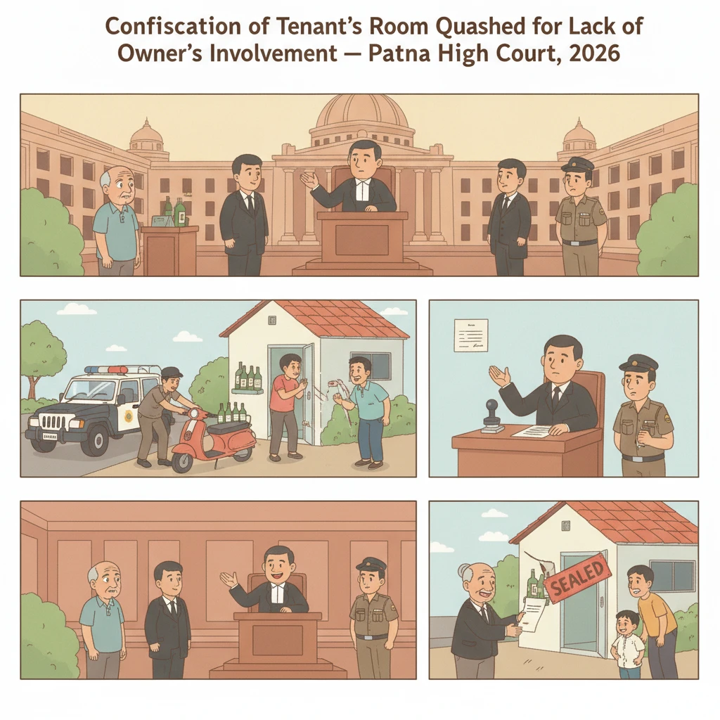 Illustration of Patna High Court reviewing confiscation of a house room under Bihar prohibition law.