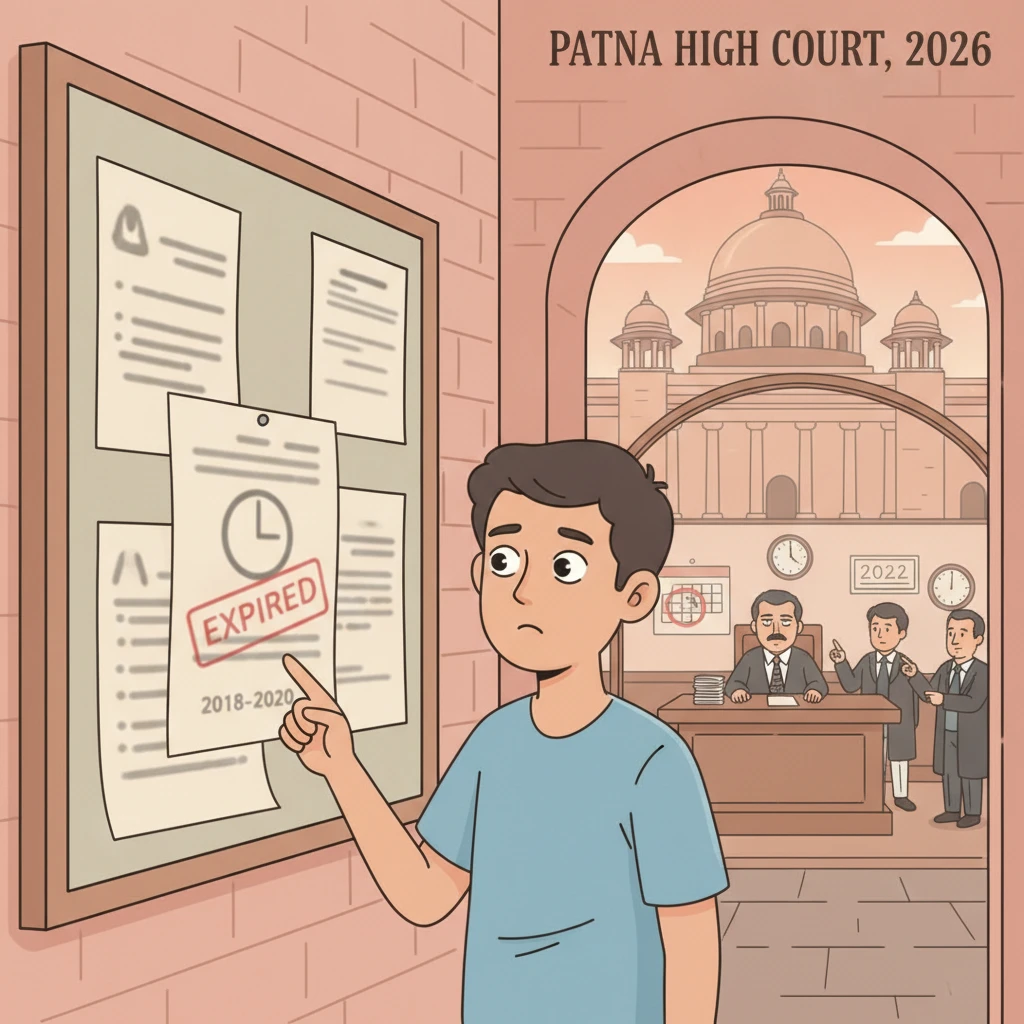 Courtroom illustration showing judges reviewing a delayed recruitment challenge at Patna High Court.