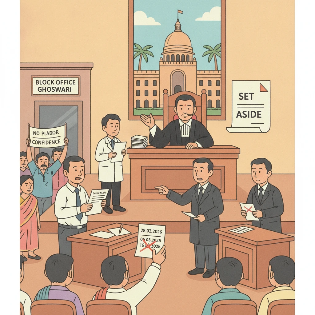 Courtroom illustration showing dispute over Panchayat no-confidence meeting procedure.