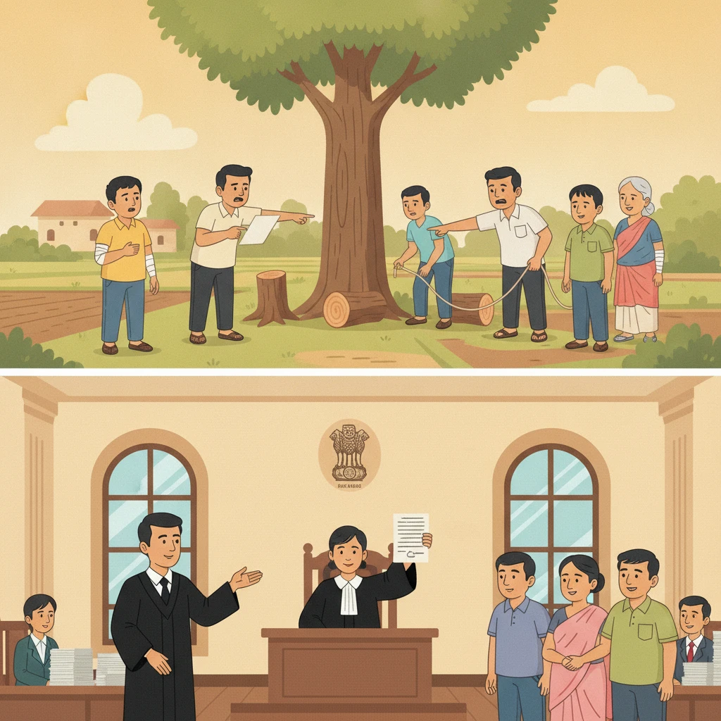 A judge in a courtroom reviewing a criminal appeal arising from a village land dispute.