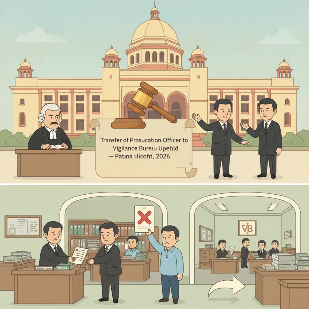 A courtroom scene representing the Patna High Court deciding a prosecution officer’s transfer dispute.