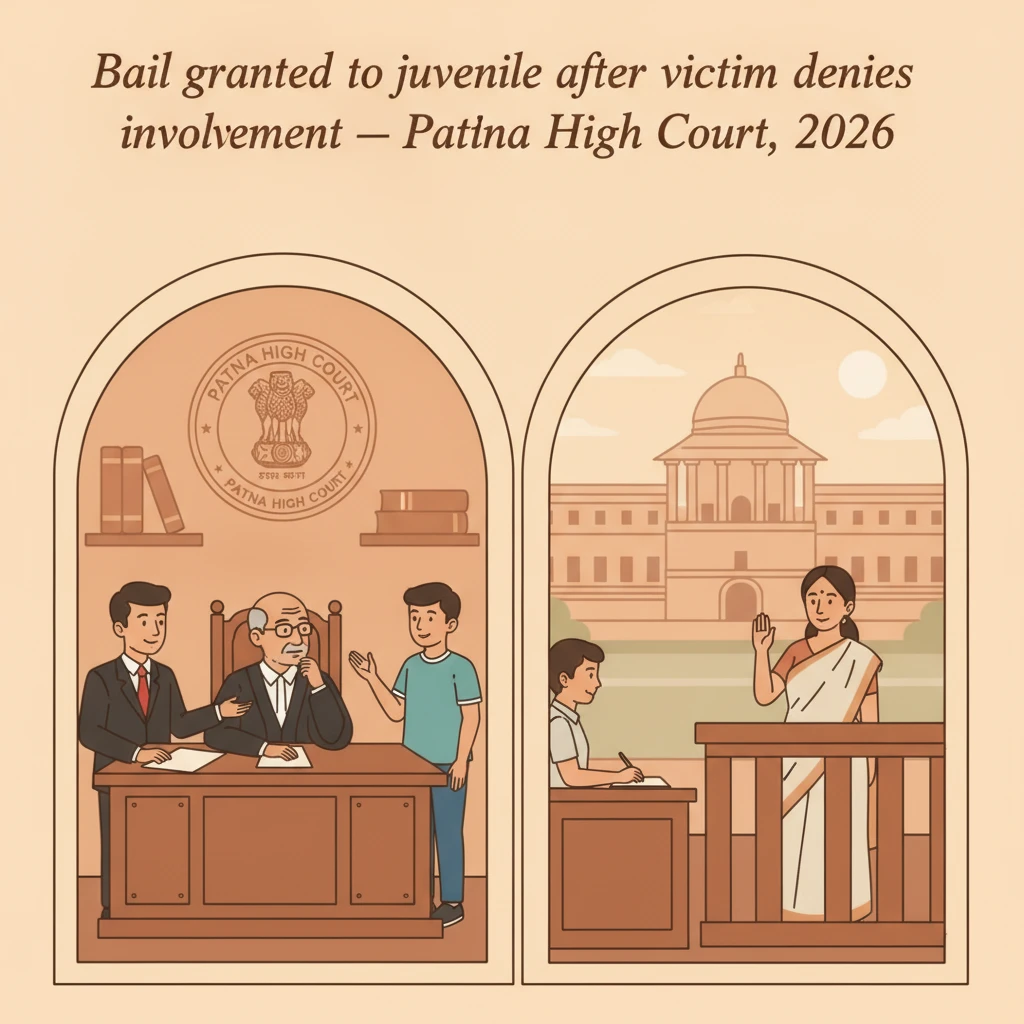 Courtroom illustration showing a juvenile accused receiving bail order from Patna High Court.