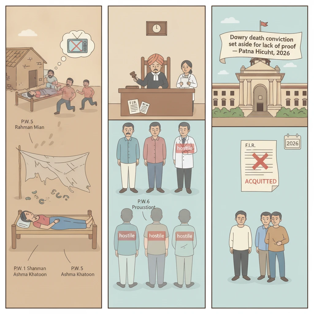 Courtroom illustration showing judges reviewing a dowry death conviction on appeal.