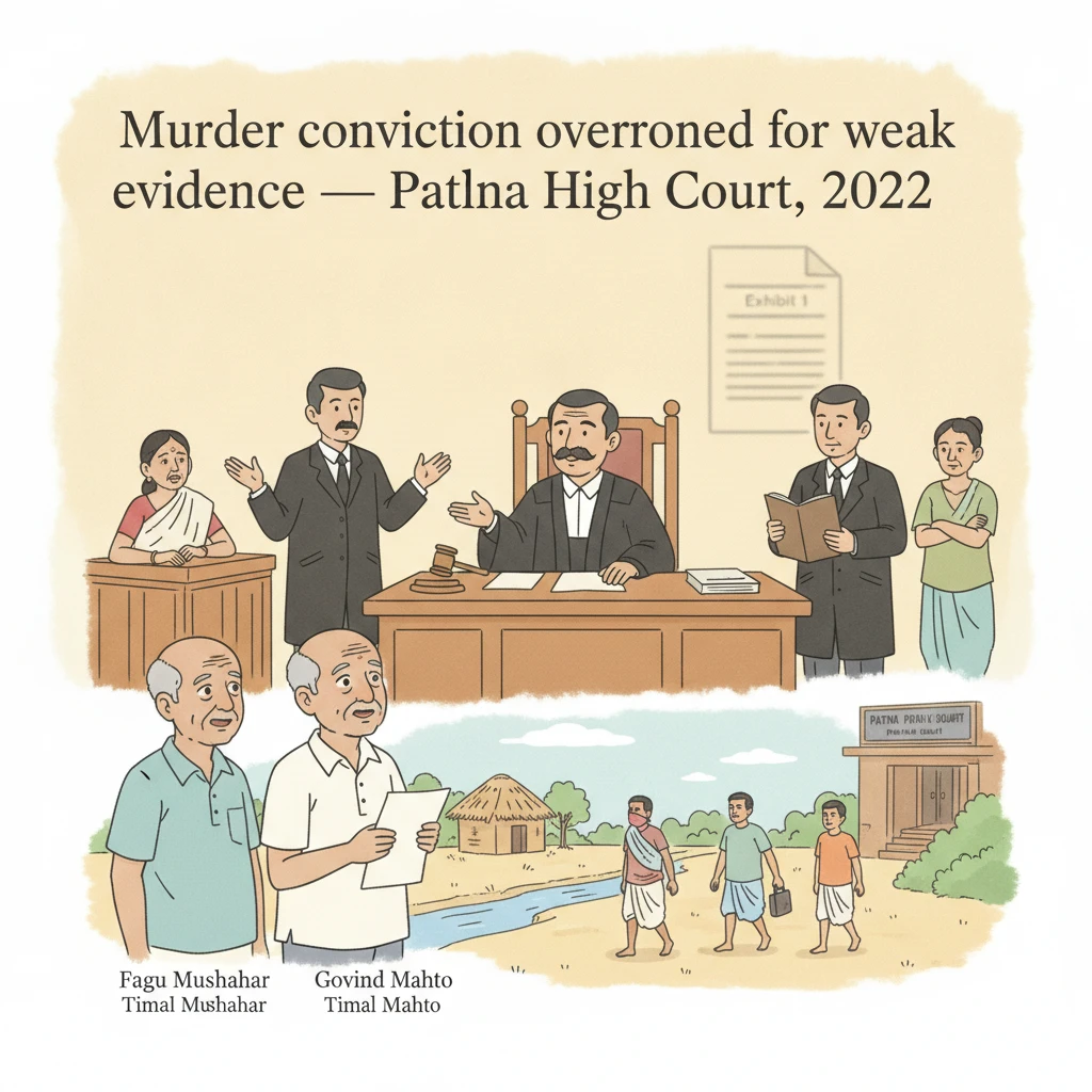 Courtroom illustration of Patna High Court hearing a criminal appeal on murder and kidnapping.