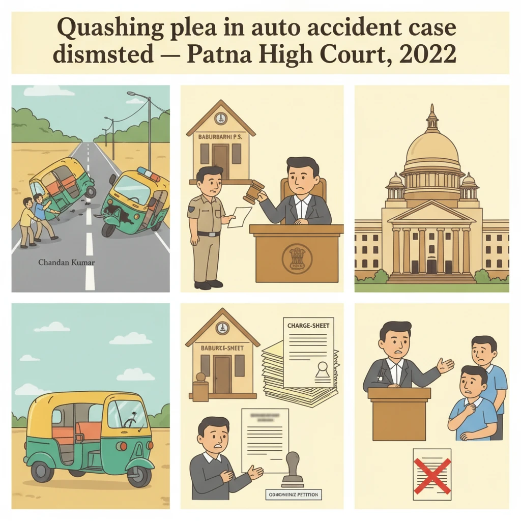 A courtroom scene representing the Patna High Court hearing an auto accident quashing case.