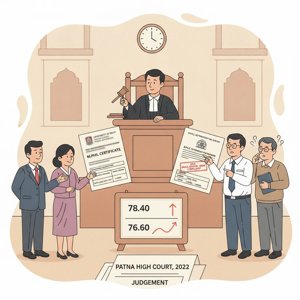 Courtroom illustration showing judge reviewing teacher recruitment marks dispute.