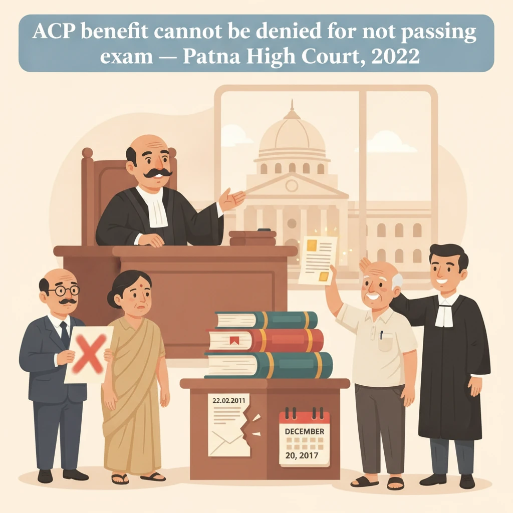 Illustration of Patna High Court deciding ACP benefits for a Bihar government clerk.