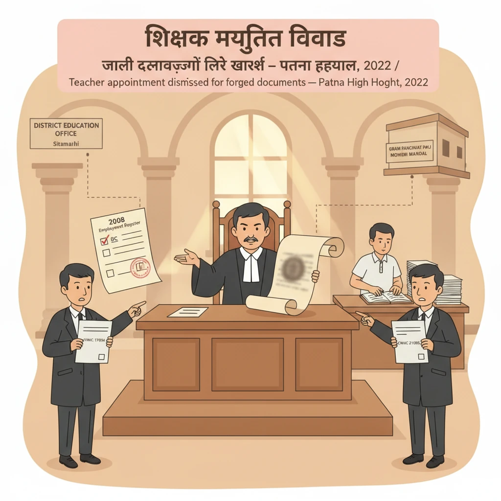 Illustration of the Patna High Court examining disputed documents in a teacher recruitment case.