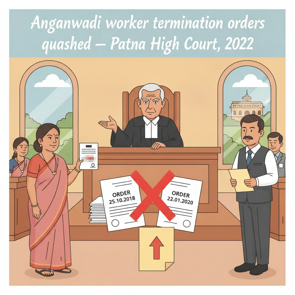 Illustration of Patna High Court overseeing a dispute about an Anganwadi Sevika’s termination.
