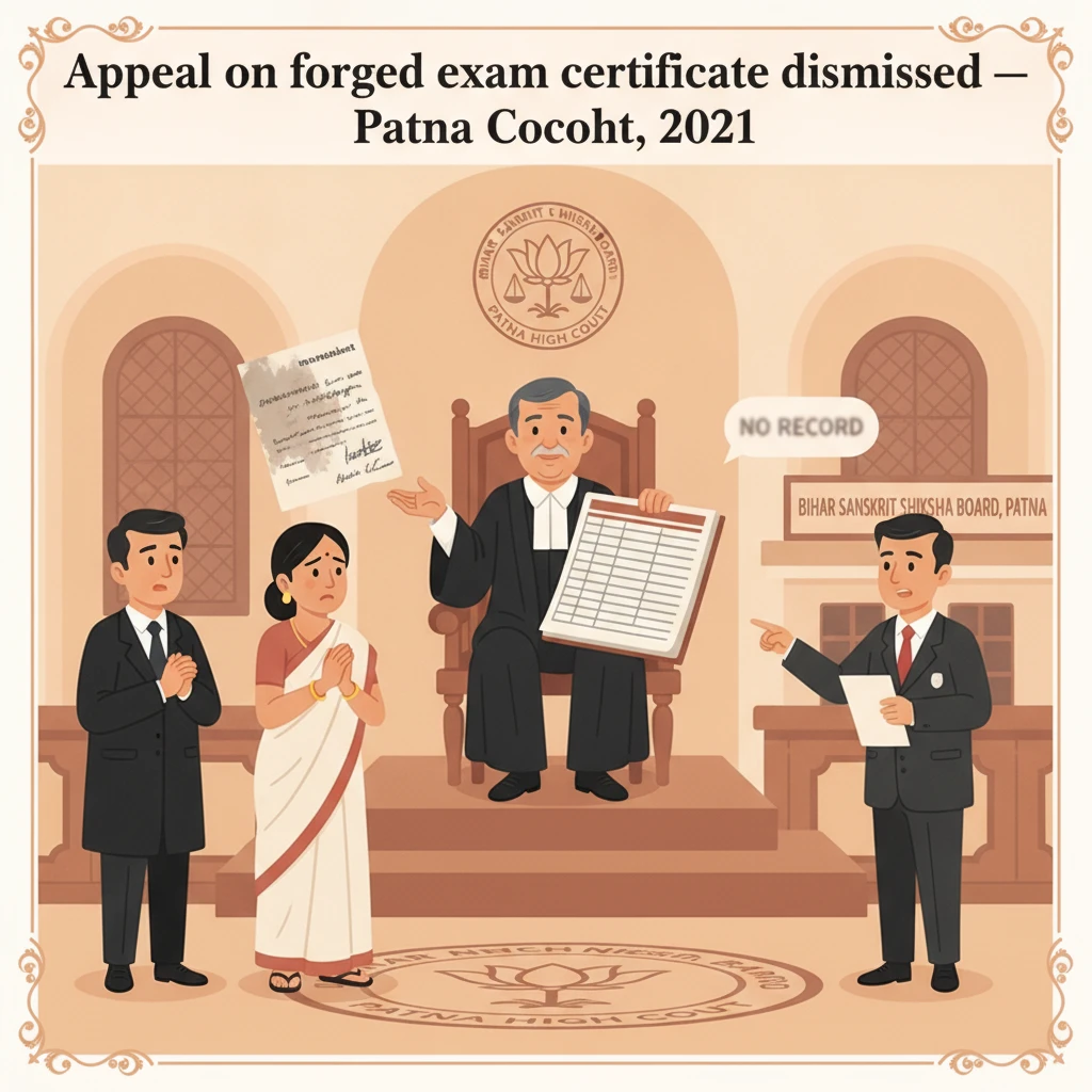 Courtroom setting depicting dispute over forged Madhyama exam certificate before Patna High Court.