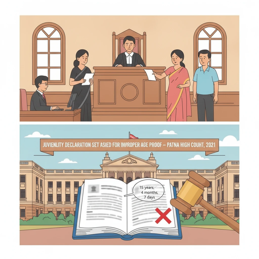 Courtroom illustration showing Patna High Court examining juvenility based on school records.