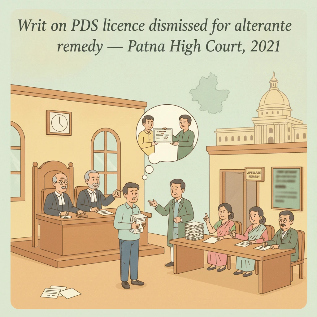 A courtroom illustration showing judges hearing a PDS licence dispute in Patna High Court.