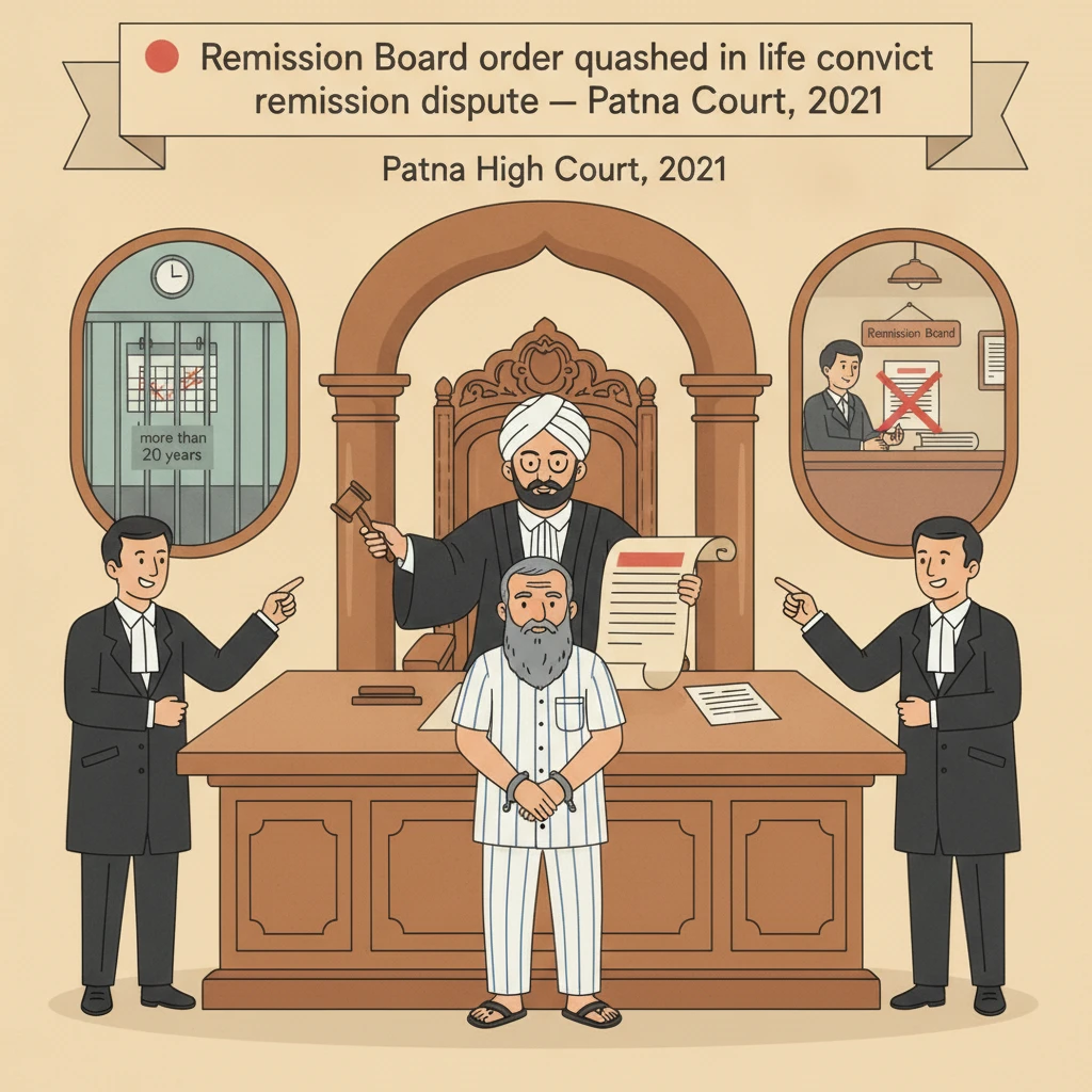 Courtroom illustration showing judges reviewing a Bihar remission policy case.