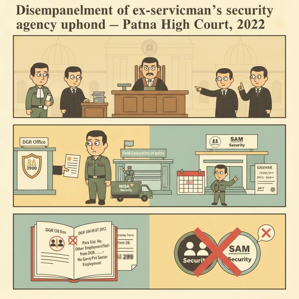 Courtroom and legal documents illustrating Patna High Court review of DGR security agency disempanelment.