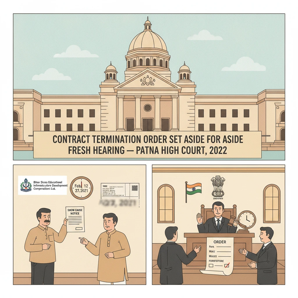 Courtroom setting depicting judicial review of a cancelled government construction contract.