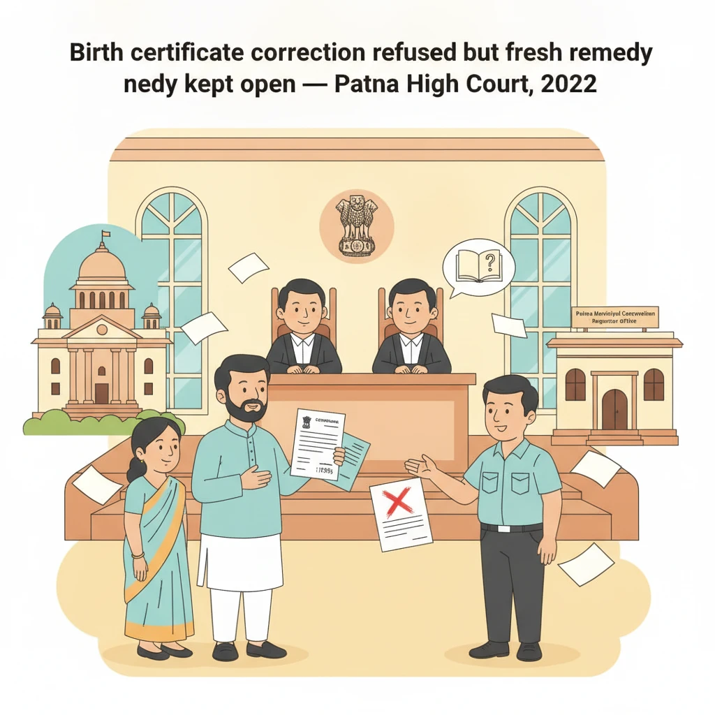 Illustration of Patna High Court reviewing a dispute over correction of birth certificates.
