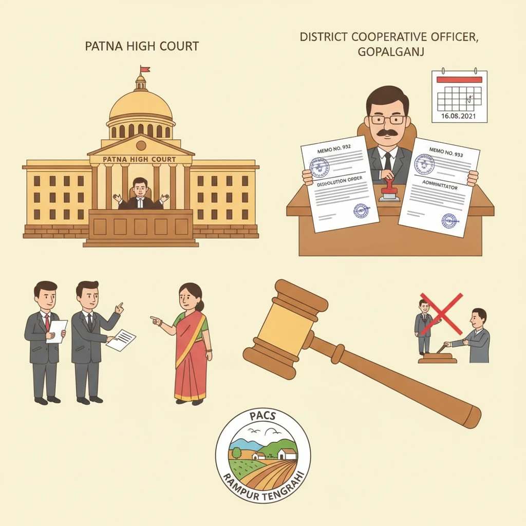 Illustration of Patna High Court overseeing a dispute about dissolution of a cooperative society board.